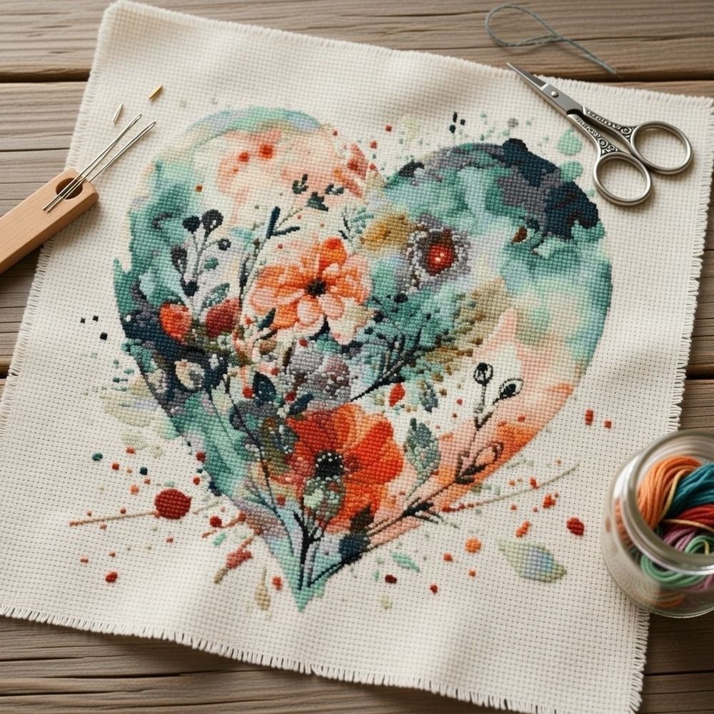 Heart and Wildflower Flowers Counted Cross Stitch‎ Pattern Chart - Picture 2 of 6